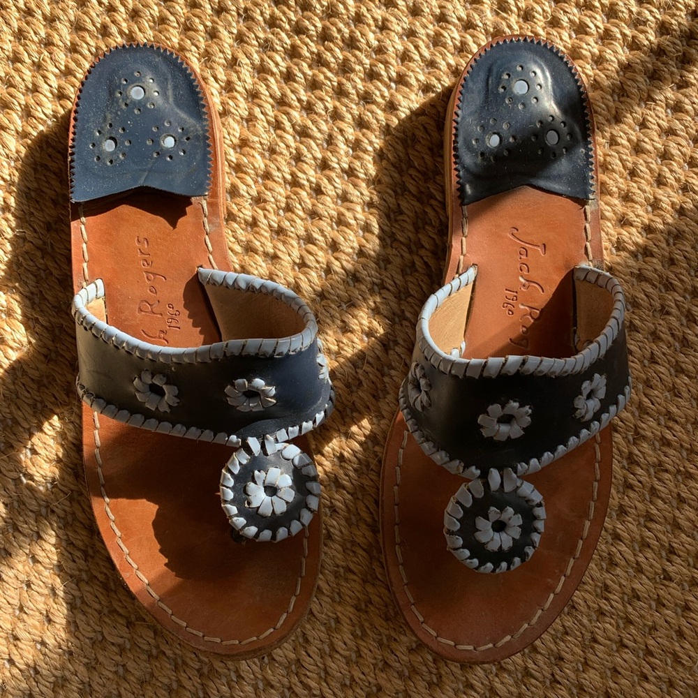 Jack Rogers Navy and Brown Leather Flower Thong Sandals
